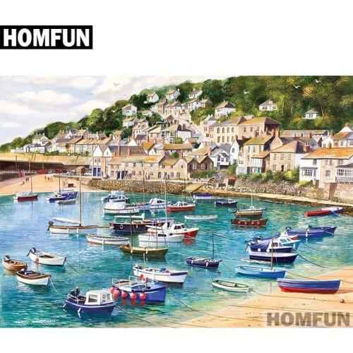 HOMFUN Diy Full Square Round Drill 5D Diamond Painting Cross Stitch Diamond Embroidery "Boat & town" Home Decor Gift A01717