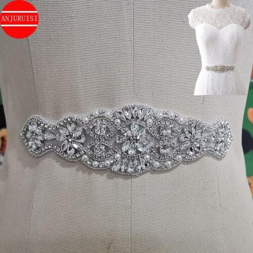 ANJURUISI Silver Rhinestones Bridal Belt Diamond Crystal Pearls Wedding Belts Sash For Bridal Bridesmaids Dresses Accessories