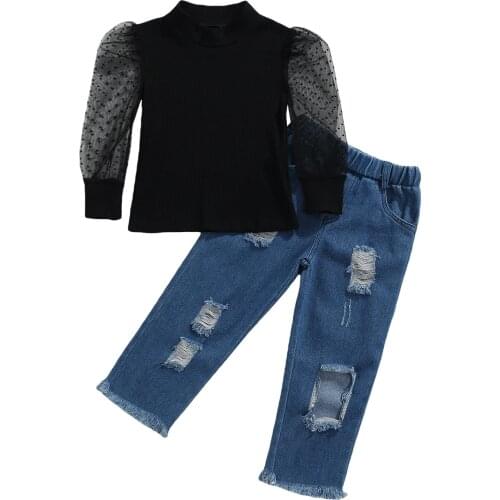 2021 2-7Y Fashion Kids Baby Girl Clothes Set Dot Mesh Puff Long Sleeve Black Blouse+Big Holes Denim Pants Spring Fall 2pcs