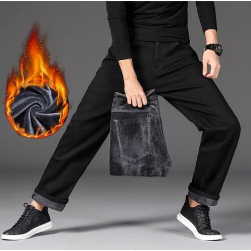 New Winter Mens Classic Black Warm Jeans Stretch Loose Plus Velvet Denim Pants Plus Size Business Casual Trousers Fashion Brand