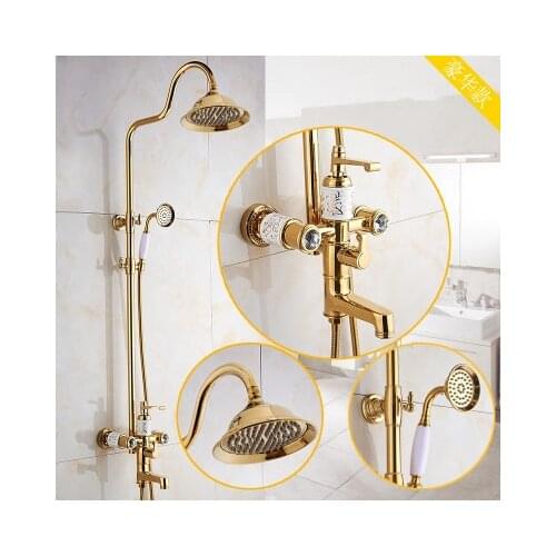 Classic golden solid brass polished faucet European golden shower bathroom suite antique lift hot and cold shower