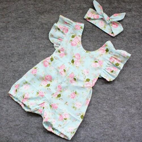 Summer Baby Girls Floral Romper WithRuffles Sweet Overalls Baby Toddler Princess Clothes With Headband 1-3Year