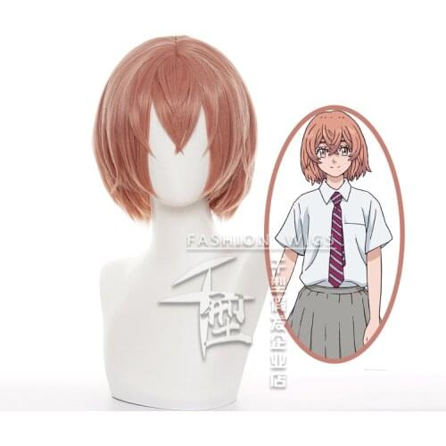 Hinata Tachibana Short Organge Brown Wig Tokyo Revengers Heat Resistant Synthetic Hair with Wig Cap Women Hallowenn Party Wig
