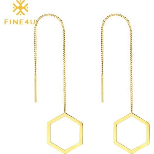 FINE4U E285 Lightweight Minimalist Hexagon Shape Dangle Earrings Long Tassel Geometric Drop Earrings for Women