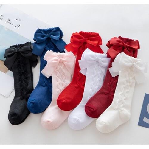 2021 Lovely Kids Baby Girls Knee High Socks Soft Cable Knit Cotton Stockings with Bow for Infants Toddlers 1-4 Years