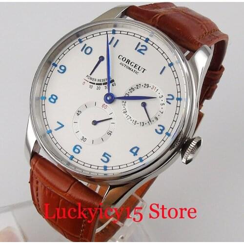 Fashional CORGEUT White Power Reserve Self Winding Men Watch leather Band Round Case Date Sub Dial