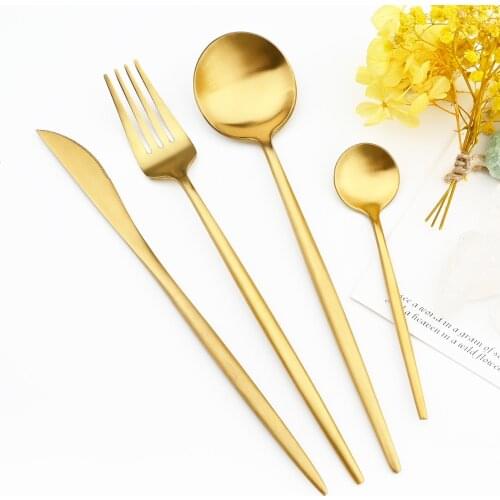 4Pcs/Set Matte Gold Dinnerware 18/10 Stainless Steel Cutlery Set Knife Fork Coffee Spoon Tableware Kitchen Silverware Flatware