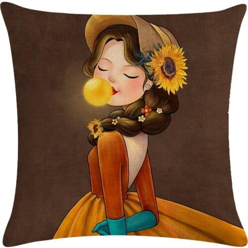 Cartoon Girl Printing Cushion Cover Linen Cotton Living Room Garden Decoration Throw Pillow Case