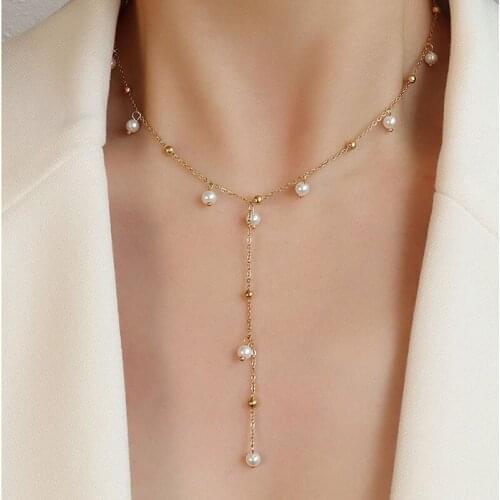 2021 Summer New Gold Color Stainless Steel Long Choker Necklace Women Popular Neck Chain Simulated Pearl Necklace Woman Jewelry