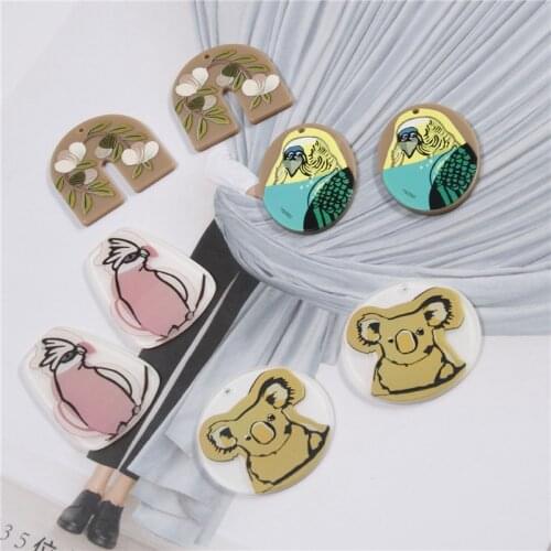 New style 30pcs/lot cartoon flower/birds/Koala pattern print geoemtry shape acrylic beads diy jewelry earring/keychain accessory