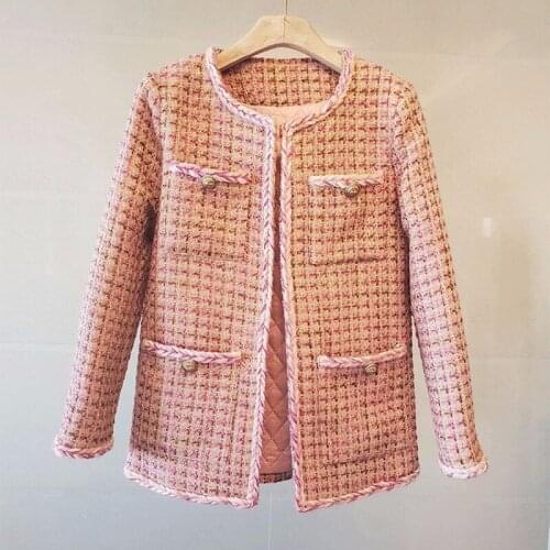 Small Fragrance Coat Female Autumn and Winter French Celebrity with Cotton Thickened Tweed High End Pink Coat Winter with Cotton