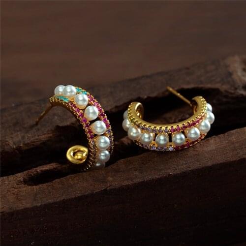 Luxury Female White Crystal Stone Earring Charm Gold Silver Color Wedding Earring Small Round Pearl Stud Earrings For Women