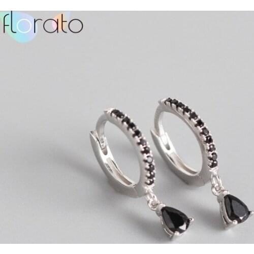 Black Crystal Water Drop 925 Sterling Silver Ear Buckle Hoop Earrings for Women Earrings Fashion Jewelry Minimalist Earrings