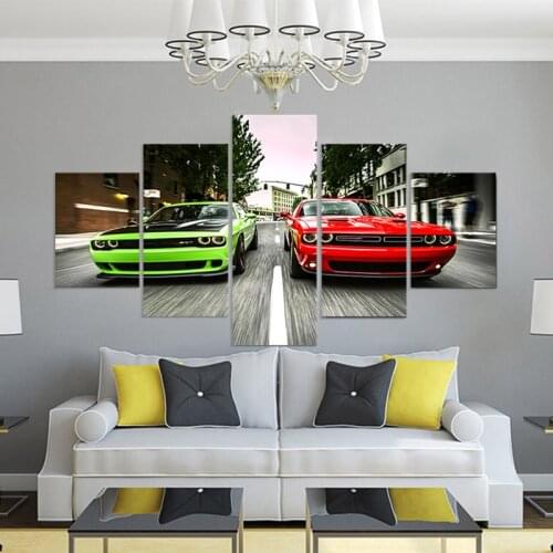 Modern HD Printed Painting Canvas Home Decor 5 Pieces Challenger Green Red Cars Landscape Poster Frame Wall Art Pictures