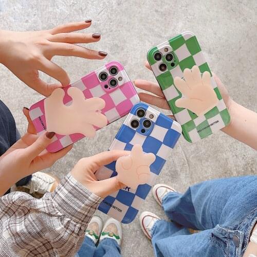 Japan Korea Lattice Gesture Bracket Phone Case For iPhone 12 11 Pro Max X XS Max XR 7 8 Plus 12Pro MINI SE Stand Holder Cover