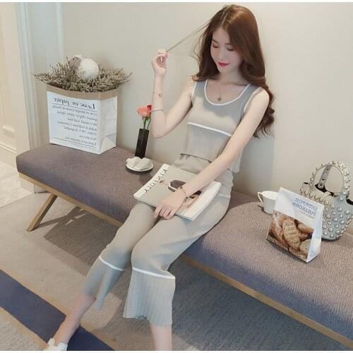 2021 Summer New Fashion Women Sexy Sleeveless Knit Camisole Tops Wide Leg Pants Suits Casual 2 Piece Sets Womens Outfits Y968