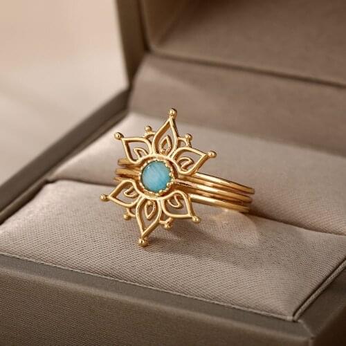 Floral Rings for Women Stainless Steel Female Opal Lotus Ring 2021 Trend Fashion Aesthetic Couple Jewelry Accessories Mujer