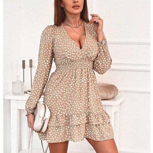 2021 New Autumn Cascading Ruffle Polka Dot Winter Casual Long Sleeve A Line Print Dress Female Sexy V Neck Mini Party Vestido