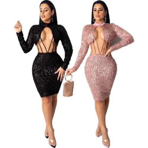 Pink Fur Sequins Women Sexy Bandage Dress Hollow Out Turtleneck Long Sleeve Bodycon Mini Party Dress Female Night Club Vestidos