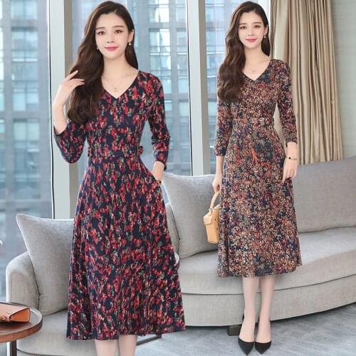 Autumn Winter New 3XL Plus Size Vintage Midi Dresses 2020 Women Elegant Bodycon Floral Dress Party Long Sleeve Runway Vestidos