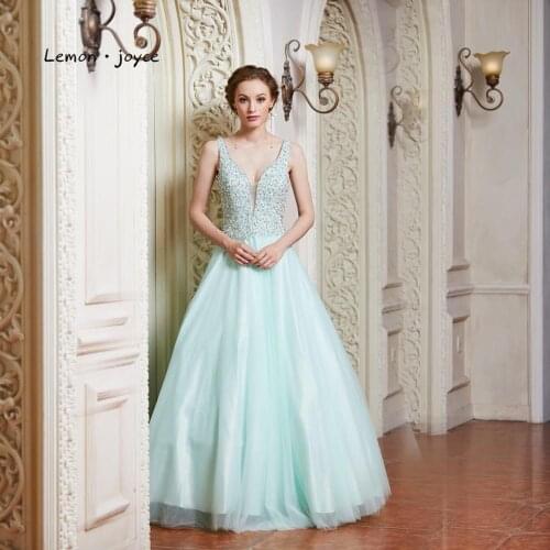 Lemon joyce Light Green Evening Dresses V-neck Sleeveless Beading Sexy Backless Prom Dress Party Gowns robe de soiree