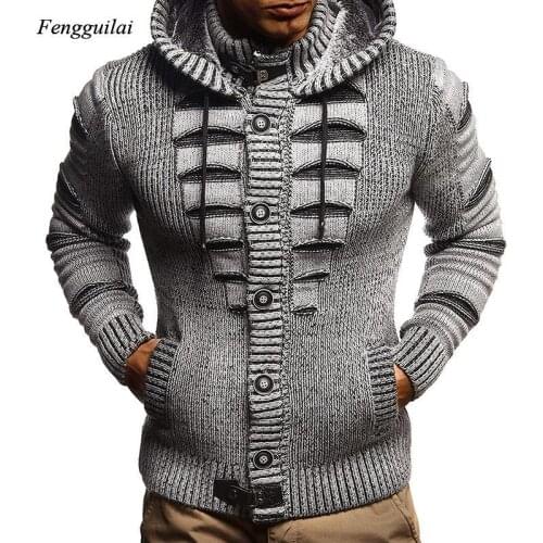 Winter Mens Fashion Sweater Single-Breasted Hollow Design Jacquard Casual Long Sleeve Hooded Cardigan Slim Jacket