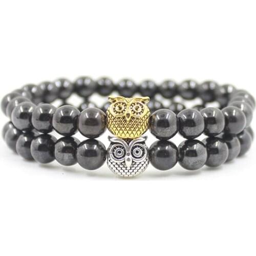 Gold Silver Color Cute Owl Beaded Bracelet Magnetic Hematite Round Beads 8MM Beads Jewelry Gift for Men and Women HB1031