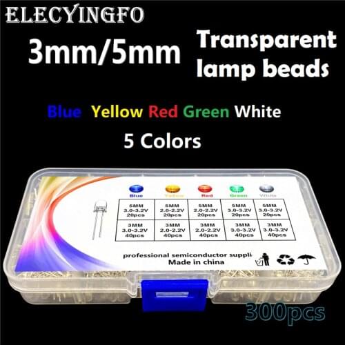 5 colors 300pcs Transparent F3 3mm/F5 5mm round White Red Yellow Blue Green LED kit box