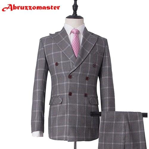 Double Breasted Man Suits light Gery Wedding suit Blazer Plaid Suit woolblend Groom Tuxedos 2psc England Suits