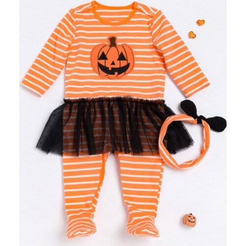 Hot Selling Infant Striped Bodysuits with Black Lace Skirt and Bows Headband Clothes Ses Baby Boy Girl Halloween Party Costume