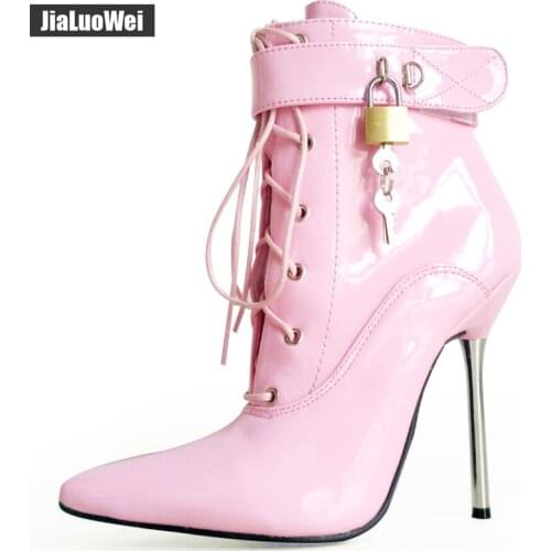 Jialuowei 2018 Women Pointed Toe Ankle Strap Boot Lady Cross-tied 12C Metal Thin High Heels Sexy Fetish Padlocks Lockable Boots