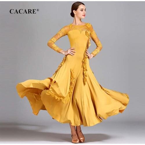 CACARE 2020 Ballroom Dance Competition Dresses Waltz Dress Standard Dance Dresses Elegant D0360 Big Ruffled Hem Lace Sleeve