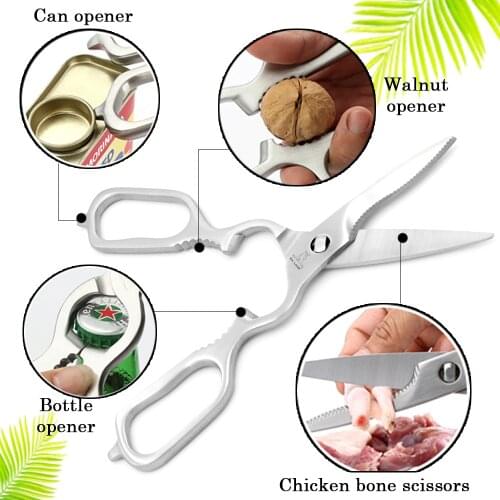 Stainless Steel Kitchen Scissors Full Steel Solid Sharp 5CR15 Scissors Multifunctional Cutter Walnut Bottle Opener