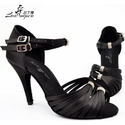 Ladingwu New Latin Salsa Dance Shoes Women Satin Collocation Rhinestone buckle Ballroom Soft Bottom Dance Shoes Factory Outlet