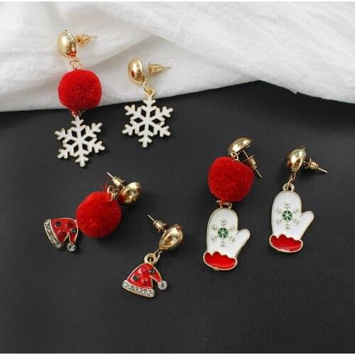 Personality Asymmetric Christmas Earrings Crystal Cap Snowflake Gloves Pendant Red Pompon Alloy Earrings Girl Christmas Gifts
