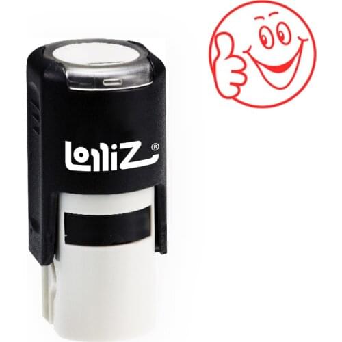 LolliZ Round Self-Inking Stamp, Thumb Up Smiling Face Image, Teacher Stamp W/Lid, Laser Engraved Rubber, RED
