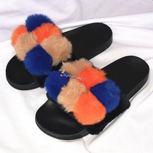 Fashion Comfortable Outdoor Open Toe Flat Fluffy Vegan Faux Fur Slide Indoor Shaggy Slippers for Women