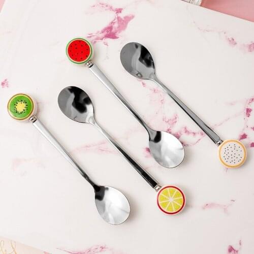 Cartoon stainless steel spoon fruit pattern ceramic handle creative coffee spoon Korean stainless steel fork soup spoon