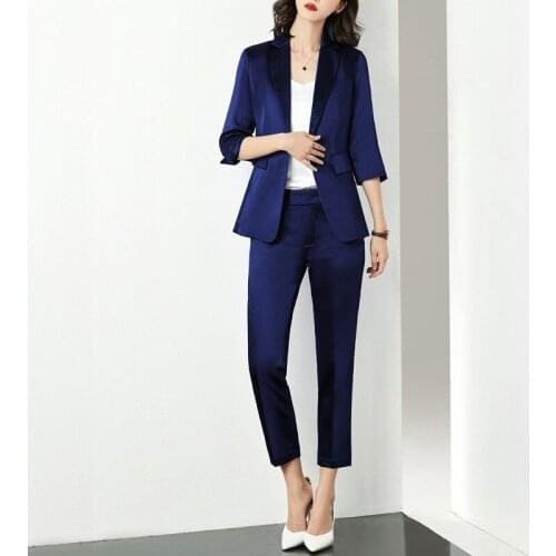 Office Ladies Slim Fit Womens Suits Two Piece Single Button Three Quarter Sleeve Blazer Ankle Length Pants Formal Workwear Suits