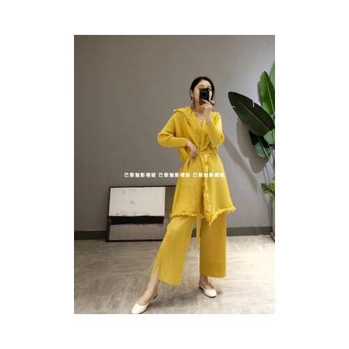 HOT SELLING Style fold hooded collar long coat in the fold flared trousers solid two-piece outfit IN STOCK