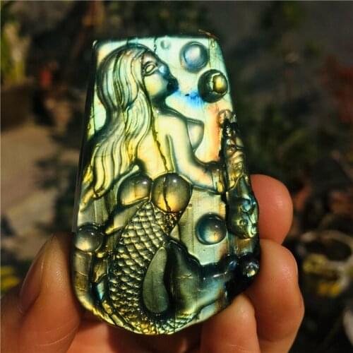 Hand-carved mermaid in natural feldspar quartz crystal 1pc