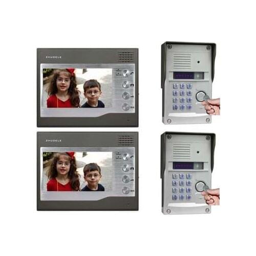 ZHUDELE Security Intercom System For 2 Doors Kits 2X7"Video Door Phone+2XHD FRID Panel Camera w/t Password&ID Card Unlocking