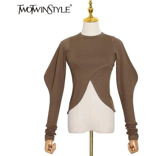 TWOTWINSTYLE Casual Cross Black T Shirt For Women O Neck Puff Long Sleeve Minimalist Knitted Tops Female 2020 New Fashion Fall