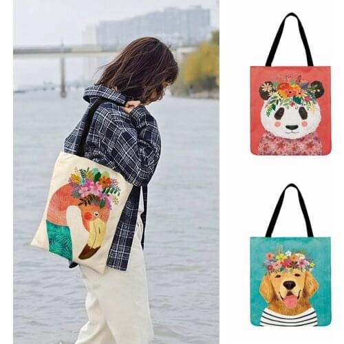 Outdoor Beach Tote Shopping Bag Animal With Flowers Oil Painting Art Print Tote Bag For Women Casual Tote Ladies Shoulder Bag