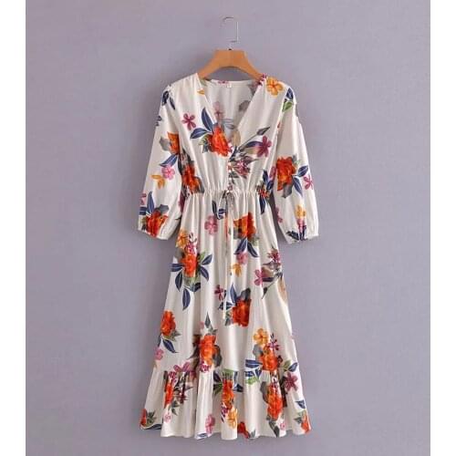Vintage V Neck Long Sleeve Midi Floral Dresses DLQZ482