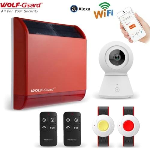 Wolf-Guard Smart Tuya WiFi Solar Flash Siren Outdoor Burglar Security Alarm System with SOS Button Camera for Elderly / Patient