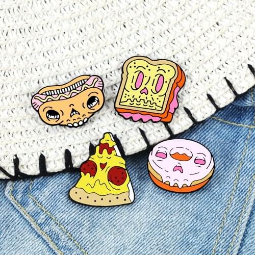 Funny Fast Food Enamel Pins Pizza Toast Donut Hot Dog Sandwich Brooches Women Men Lapel Pins Bag Badge Cartoon Jewelry Gifts