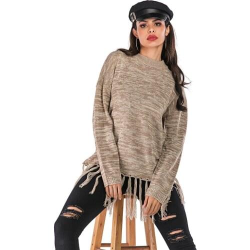 Womens Sweater Spring Autumn Ladies Long Sleeve O-neck Fashion Loose Casual Knitted Tassel Pullover Tops Girls Jumpers