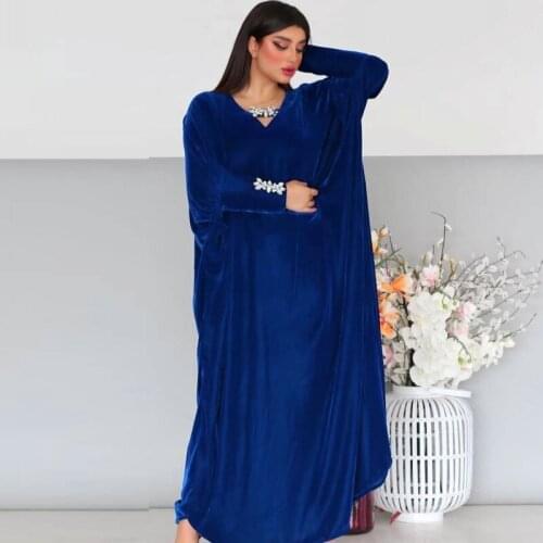 Muslim Blue Velvet Maxi Dresses Women Fashion V Neck Batwing Kaftan Dress Robes Spring Diamond Velour Eid Mubarak Dress Vestidos