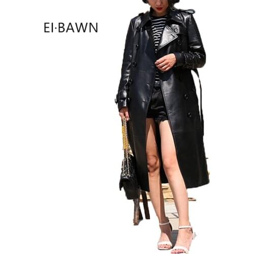 2020 Women Sheepskin Spring Long Coat Black High Waist Belt Office Ladies Plus Szie Wild Fit Genuine Leather Trench Coats Women